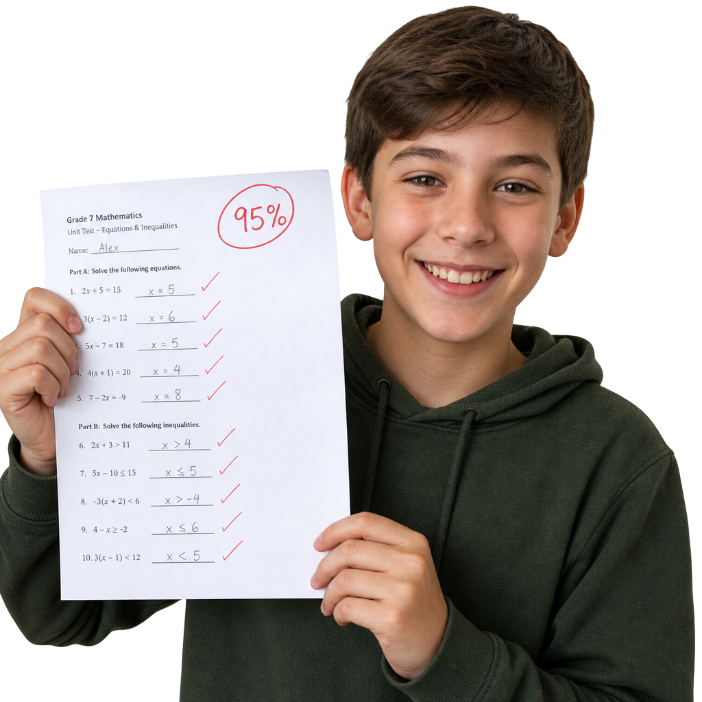 Smiling grade 7 student holding a math test marked 95%