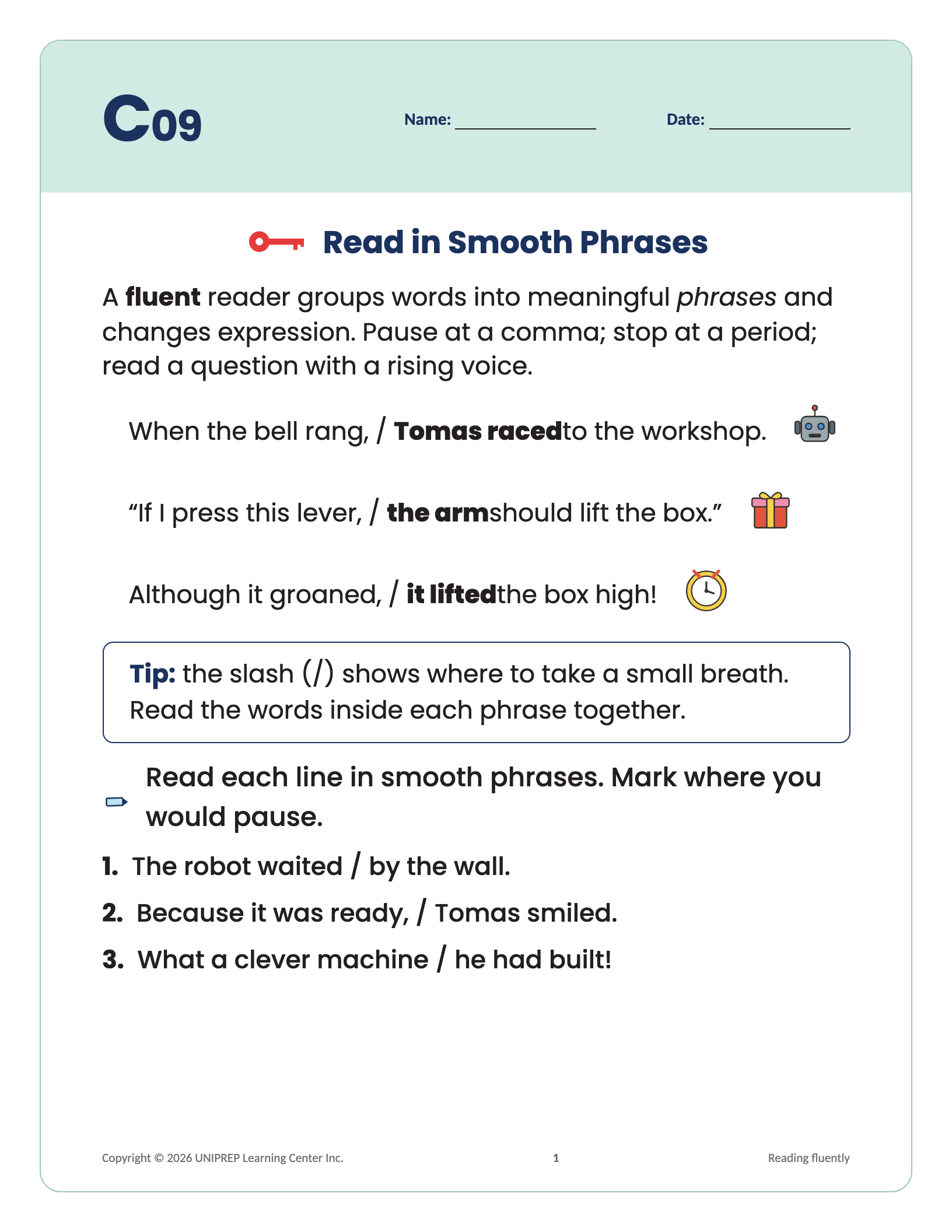 Sample workbook page — English · Level C (Grade 3)