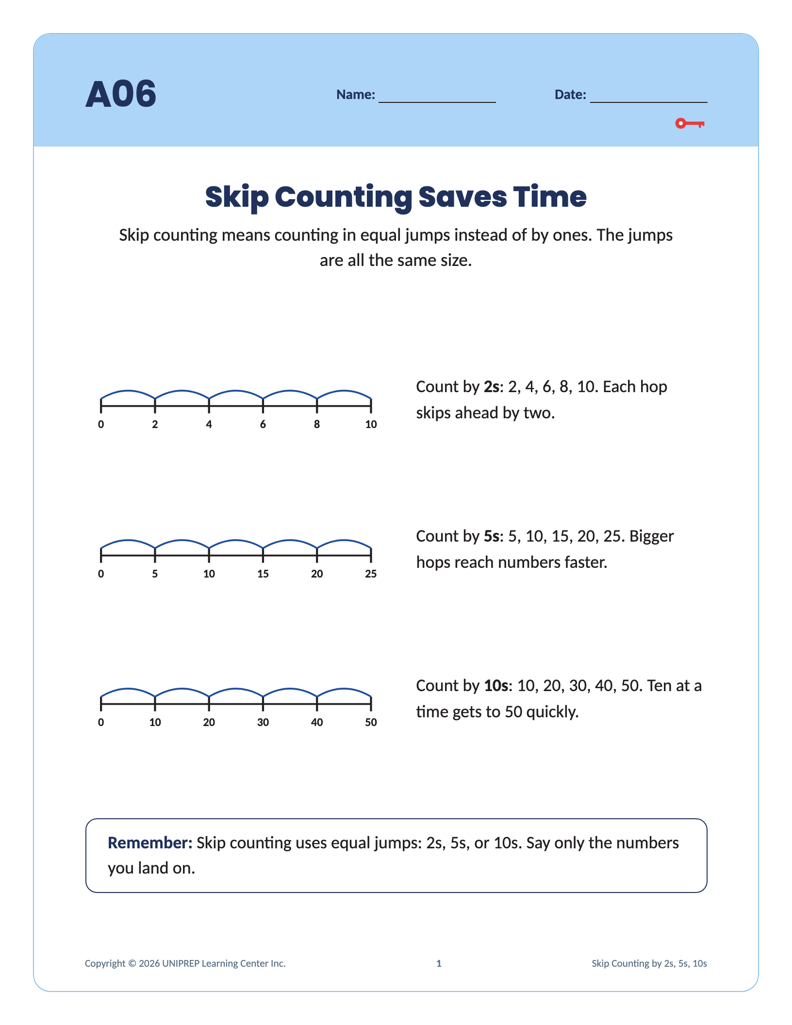 Sample page from a UniPrep Math Level A workbook (Grade 1)